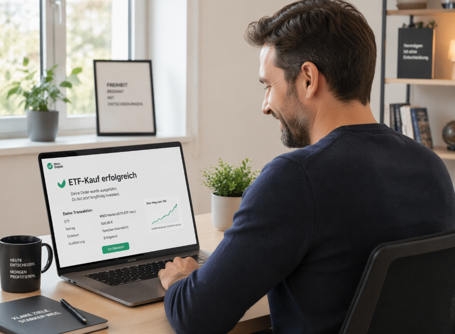 ETF kaufen am Laptop – Einsteiger investiert in einen ETF in heller moderner Büroatmosphäre mit langfristiger Anlagestrategie