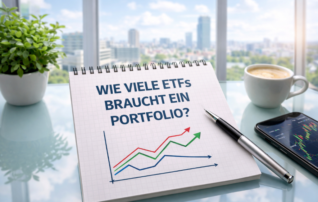 Wie viele ETFs braucht ein Portfolio – Planung eines ETF Portfolios auf Glastisch mit Blick aus dem Fenster