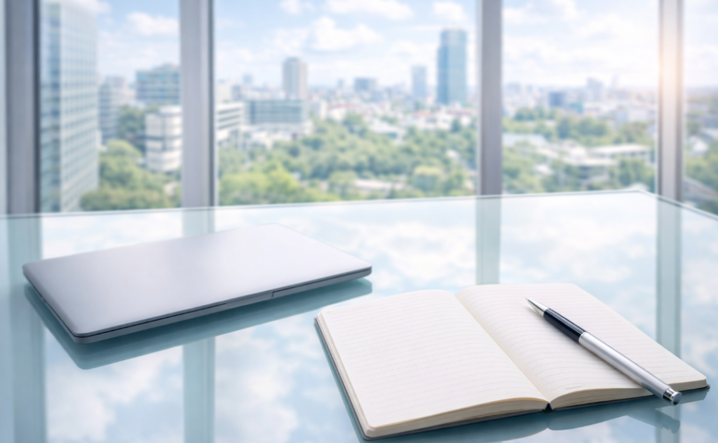 Wie viele ETFs braucht ein Portfolio – ruhige Portfolioentscheidung am Glastisch mit Fensterblick