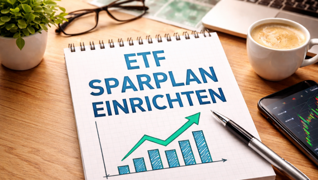 ETF Sparplan einrichten – Notizbuch mit langfristiger Investmentplanung auf Schreibtisch