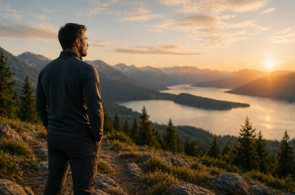 Männergesundheit langfristig denken: Ein Mann steht bei Sonnenuntergang über einer Berglandschaft und blickt ruhig auf einen See – symbolisch für langfristige Gesundheit, Stabilität, Regeneration und nachhaltige körperliche Balance.