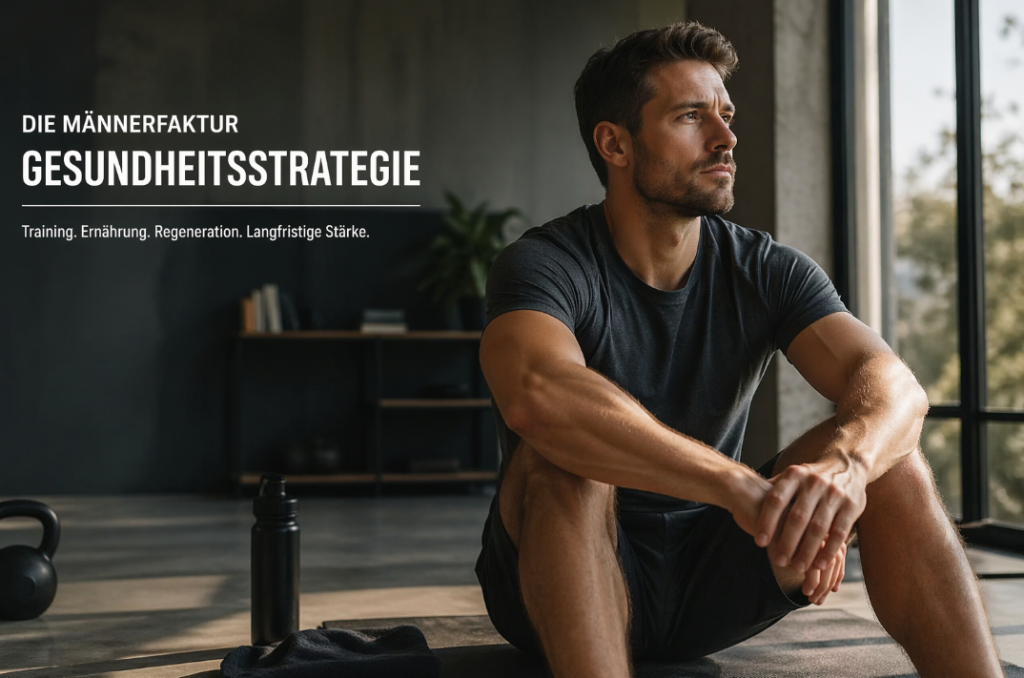 Männergesundheit und Fitnessstrategie: Ein Mann sitzt nach dem Training ruhig in einem modernen Fitnessraum und blickt nachdenklich aus dem Fenster – symbolisch für Regeneration, Kraft, Gesundheit und langfristige körperliche Stabilität.