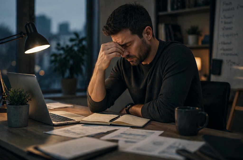 Männergesundheit im Alltag: Ein erschöpfter Mann sitzt abends am Schreibtisch im Homeoffice und hält sich nachdenklich die Stirn – symbolisch für Stress, Regeneration, Schlafmangel und körperliche Belastung im modernen Alltag.