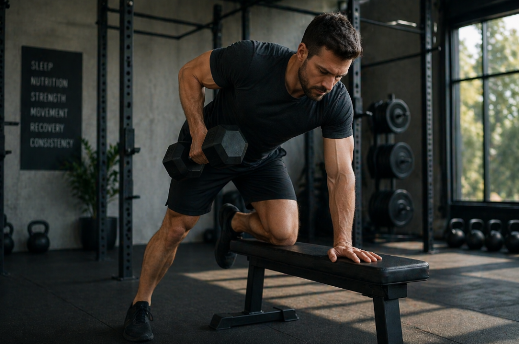 Männergesundheit und Krafttraining: Ein Mann trainiert konzentriert mit Kurzhantel in einem modernen Fitnessraum – symbolisch für Muskelaufbau, körperliche Stabilität, Belastbarkeit und langfristige Gesundheit statt reiner Optik.