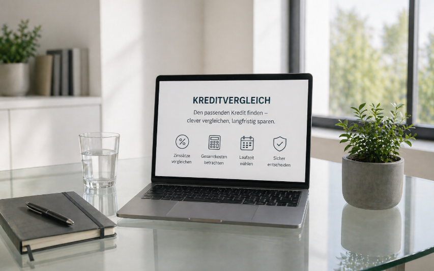 Kurz oder Langlaufzeit beim Kredit – minimalistischer Arbeitsplatz mit Laptop auf Glastisch zur strukturierten Einordnung von Kreditvergleich, Monatsrate und Finanzierung