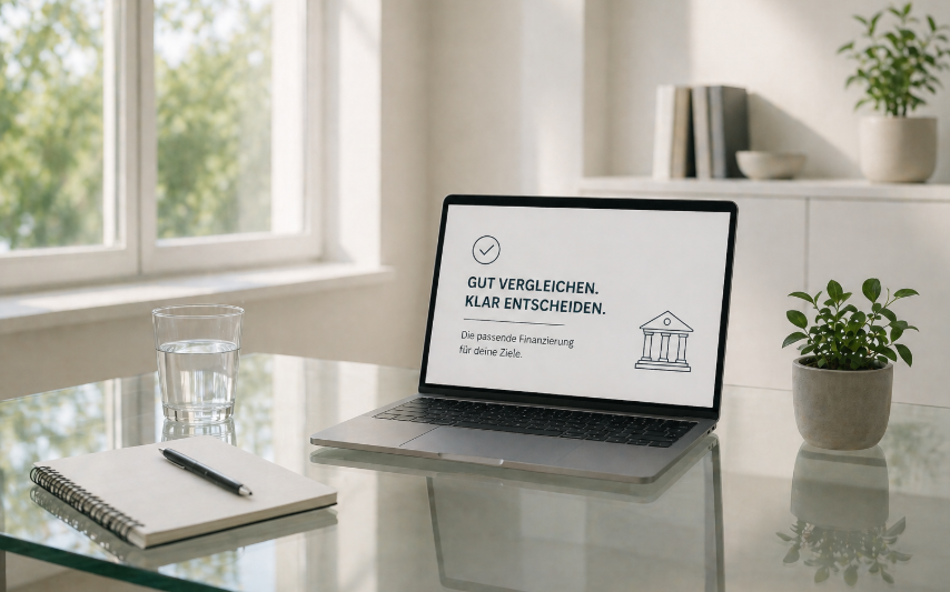 Kreditvergleich – minimalistischer Arbeitsplatz mit offenem Laptop auf Glastisch zur strukturierten Einordnung von Laufzeit, Monatsrate und Gesamtkosten eines Kredits