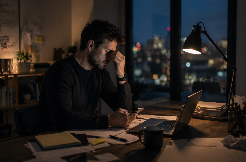 Lebensführung für Männer im Alltag: Ein Mann sitzt abends erschöpft an einem überfüllten Schreibtisch mit Laptop und Smartphone – symbolisch für Stress, digitale Ablenkung, mentale Überlastung und fehlende innere Ordnung.
