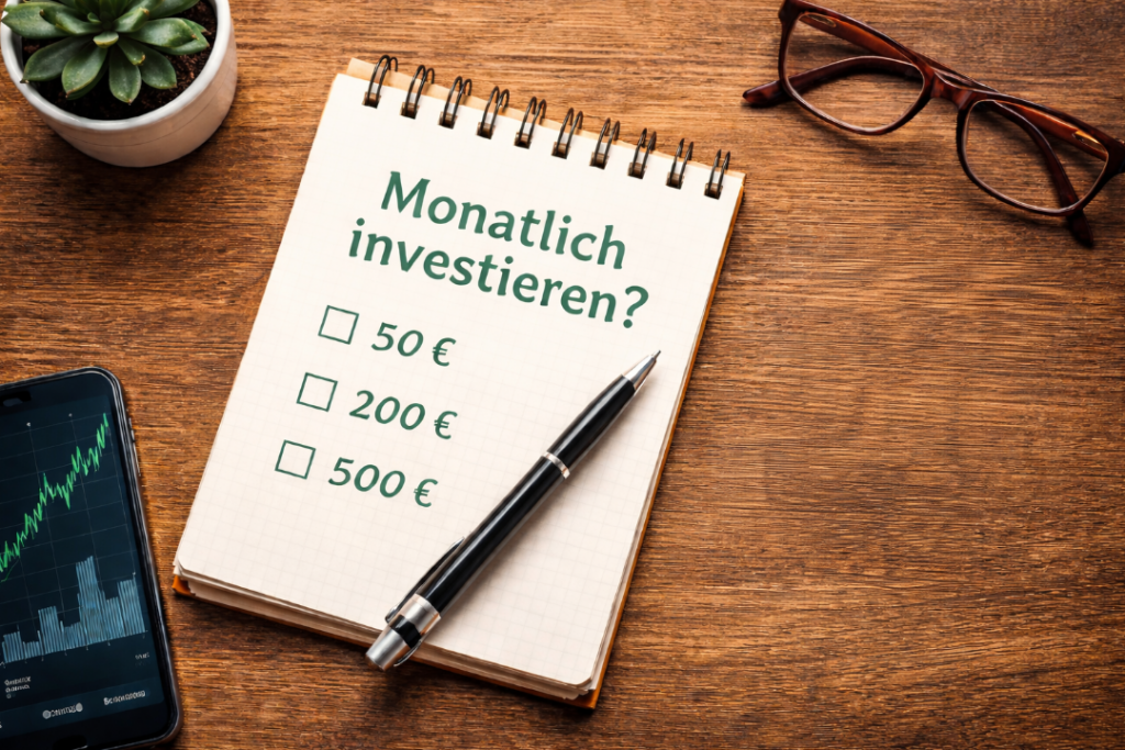Wie viel Geld sollte man monatlich investieren – Notizbuch mit verschiedenen monatlichen Sparbeträgen für den Vermögensaufbau