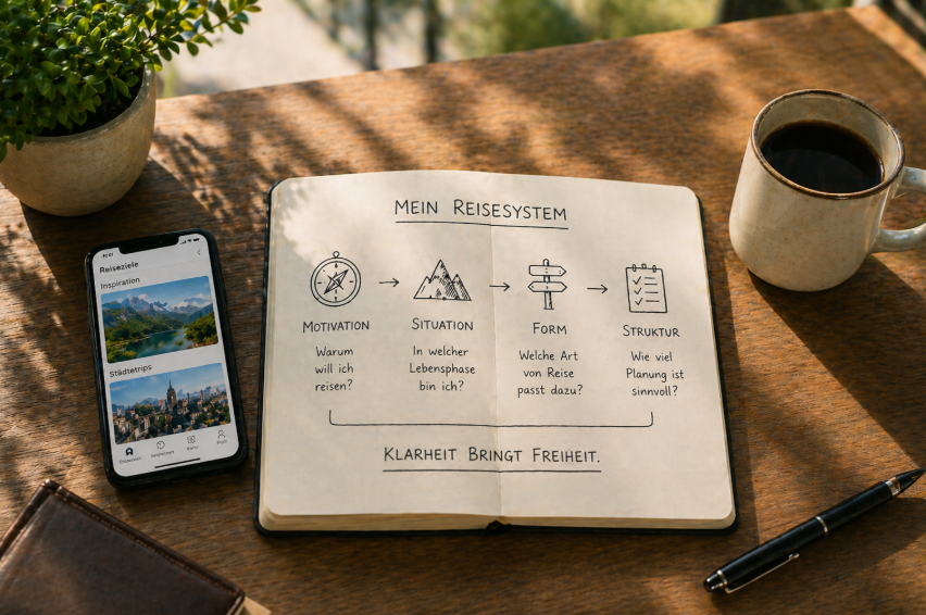 Reisen sinnvoll planen: Notizbuch mit Reisesystem, Smartphone und Kaffee auf einem aufgeräumten Holztisch in ruhiger Umgebung