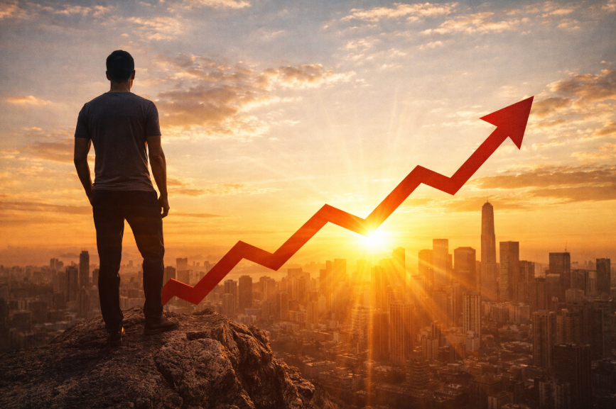 Risiko und Rendite beim Investieren – Mann blickt über Stadt mit aufsteigendem Pfeil als Symbol für langfristigen Vermögensaufbau und Rendite