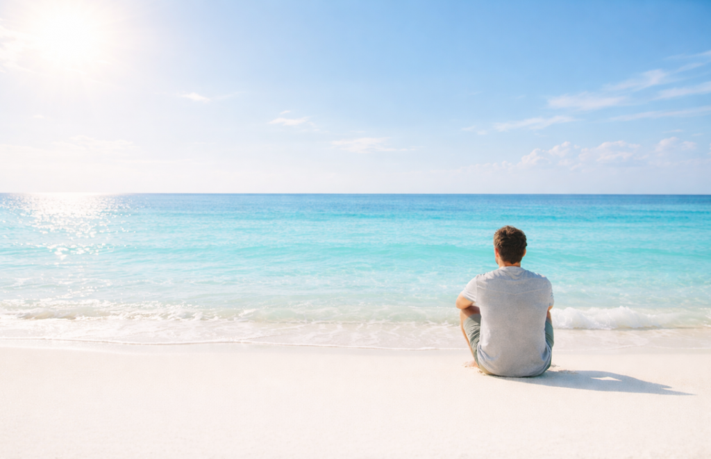 Reisen für Männer – ruhiger Mann sitzt allein an hellem weißen Strand und blickt über türkisfarbenes Meer bei sonnigem Himmel als Symbol für Übergang, Klarheit und bewusste Auszeit