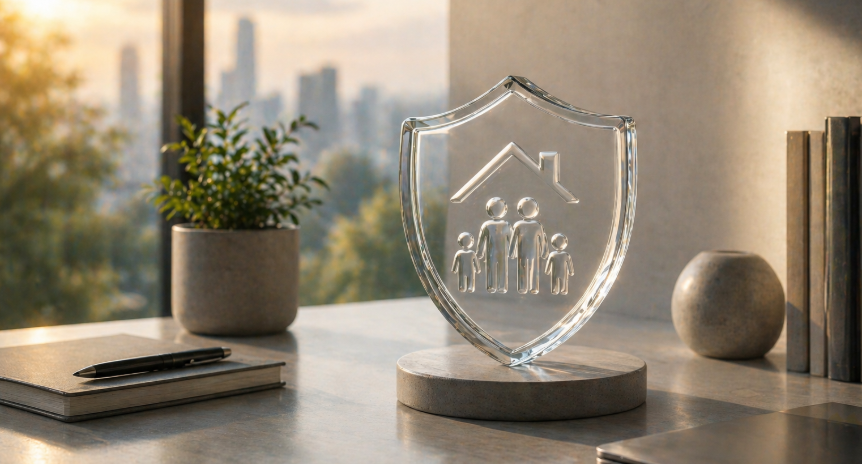 Glas-Schutzsymbol für finanzielle Sicherheit, Versicherungen und verantwortungsvollen Vermögensaufbau