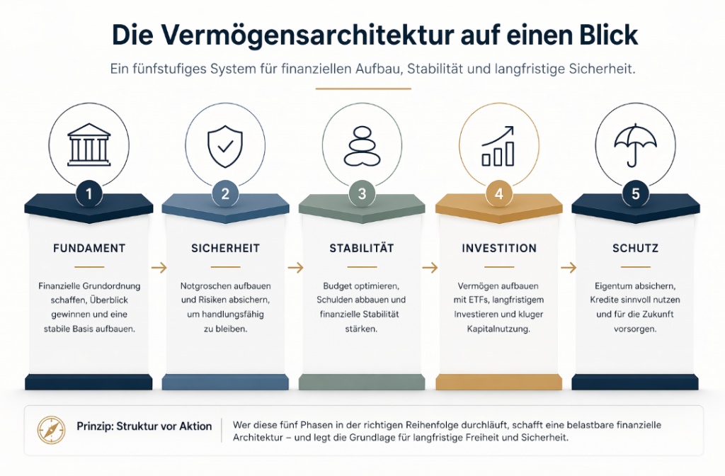 Infografik zum Thema Vermögensaufbau verstehen: Die Vermögensarchitektur zeigt fünf zentrale Phasen – Fundament, Sicherheit, Stabilität, Investition und Schutz. Die Grafik veranschaulicht, wie langfristiger Vermögensaufbau durch finanzielle Grundordnung, Notgroschen, ETFs und nachhaltige Absicherung systematisch aufgebaut wird.