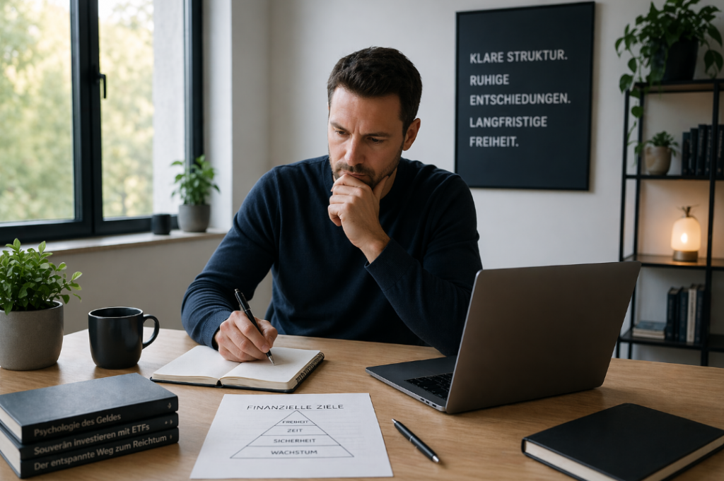 Ruhige Editorial-Szene zum Thema Vermögensaufbau verstehen: Ein Mann sitzt in einem hellen Homeoffice an einem Schreibtisch, plant seine finanziellen Ziele und arbeitet strukturiert an seiner Vermögensarchitektur. Laptop, Notizbuch und finanzielle Planung stehen für Stabilität, Ordnung und langfristigen Vermögensaufbau.