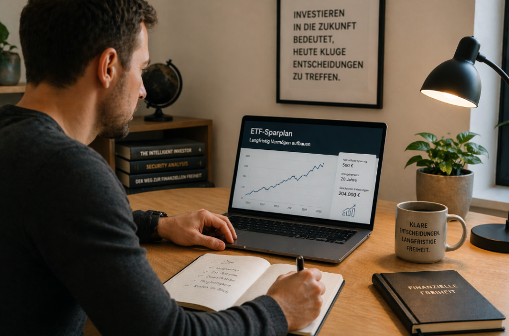 Editorial-Bild zum Thema Vermögensaufbau verstehen und ETF-Sparplan: Ein Mann sitzt in einem modernen Homeoffice am Schreibtisch, analysiert einen ETF-Sparplan auf dem Laptop und plant langfristigen Vermögensaufbau. Die ruhige Investment-Szene steht für strukturierte Entscheidungen, finanzielle Stabilität und nachhaltiges Investieren mit ETFs.