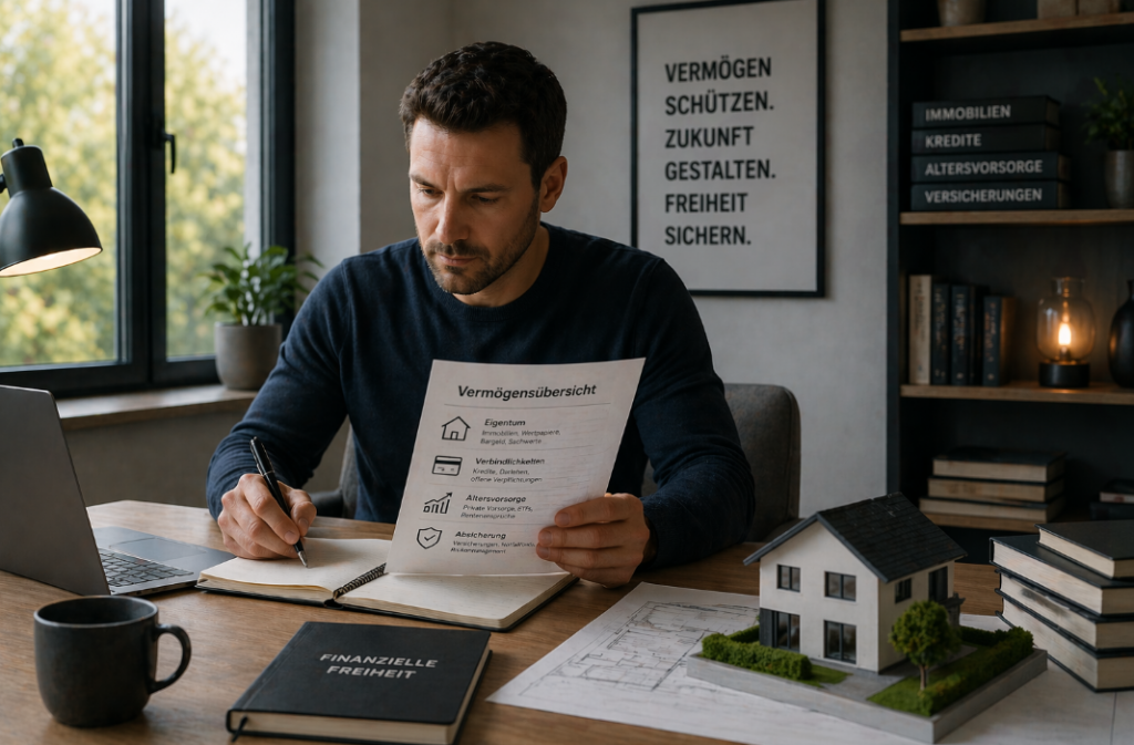 Editorial-Bild zum Thema Vermögensaufbau verstehen, Eigentum und Altersvorsorge: Ein Mann sitzt in einem modernen Homeoffice, prüft seine Vermögensübersicht und plant langfristige finanzielle Entscheidungen rund um Immobilie, Kredite, Versicherungen und Altersvorsorge. Die Szene steht für strukturierte Finanzplanung, Vermögensschutz und nachhaltige finanzielle Sicherheit.
