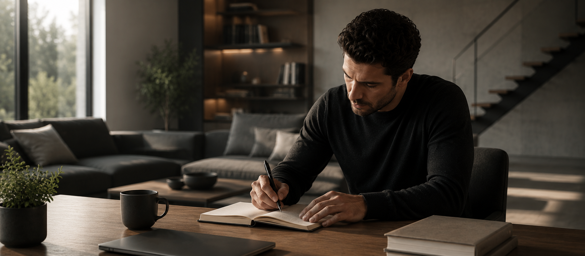 Ein Mann sitzt in einem modernen Wohnraum an einem Holztisch und schreibt konzentriert in ein Notizbuch – ruhige Szene für langfristigen Vermögensaufbau, finanzielle Planung und strukturierte Sparstrategien.