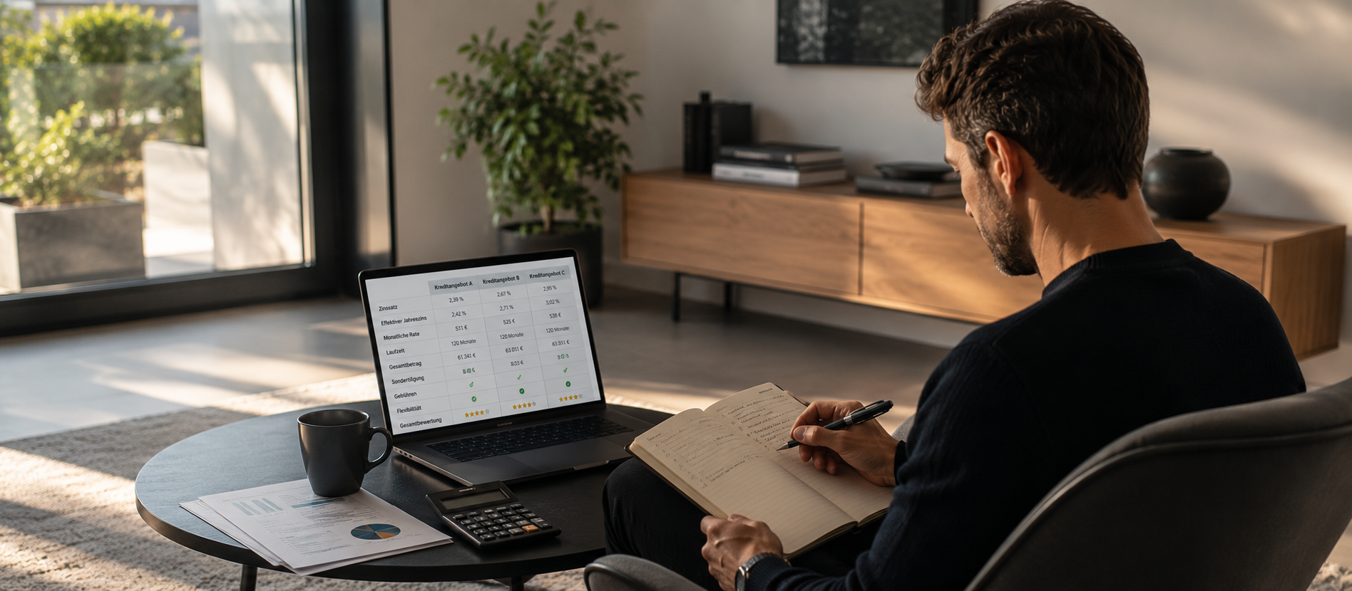 Ein Mann sitzt in einem modernen Wohnraum mit Laptop, Notizbuch und Finanzunterlagen und vergleicht verschiedene Kreditangebote – ruhige Szene für strukturierte Finanzentscheidungen, Kreditvergleich und langfristiges Geldsparen.