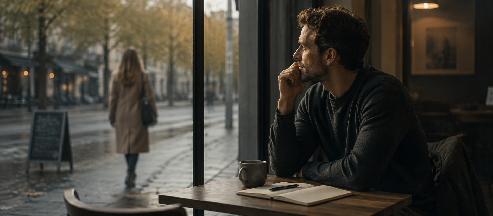 Nachdenklicher Mann sitzt allein in ruhigem Café am Fenster und blickt auf eine entfernte Person in regnerischer Stadtszene, warme gedämpfte Lichtstimmung mit stiller Reflexion über Ablehnung, Timing, emotionale Passung und unterschiedliche Lebensphasen im cineastischen Editorial-Stil.