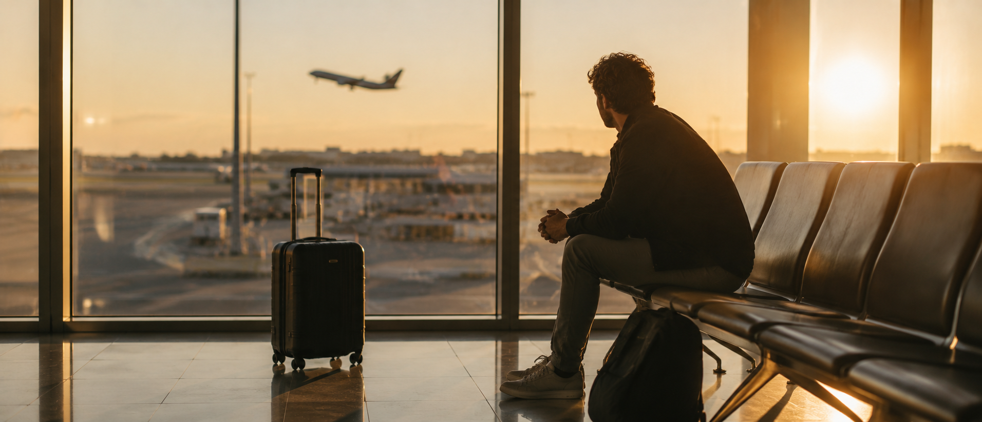 Nachdenklicher Mann allein im warmen Licht eines modernen Flughafenterminals, mit Koffer vor großer Fensterfront und startendem Flugzeug im Hintergrund, ruhige minimalistische Reiseszene zwischen Freiheit, Nähe und Selbstreflexion im hochwertigen Editorial-Stil.