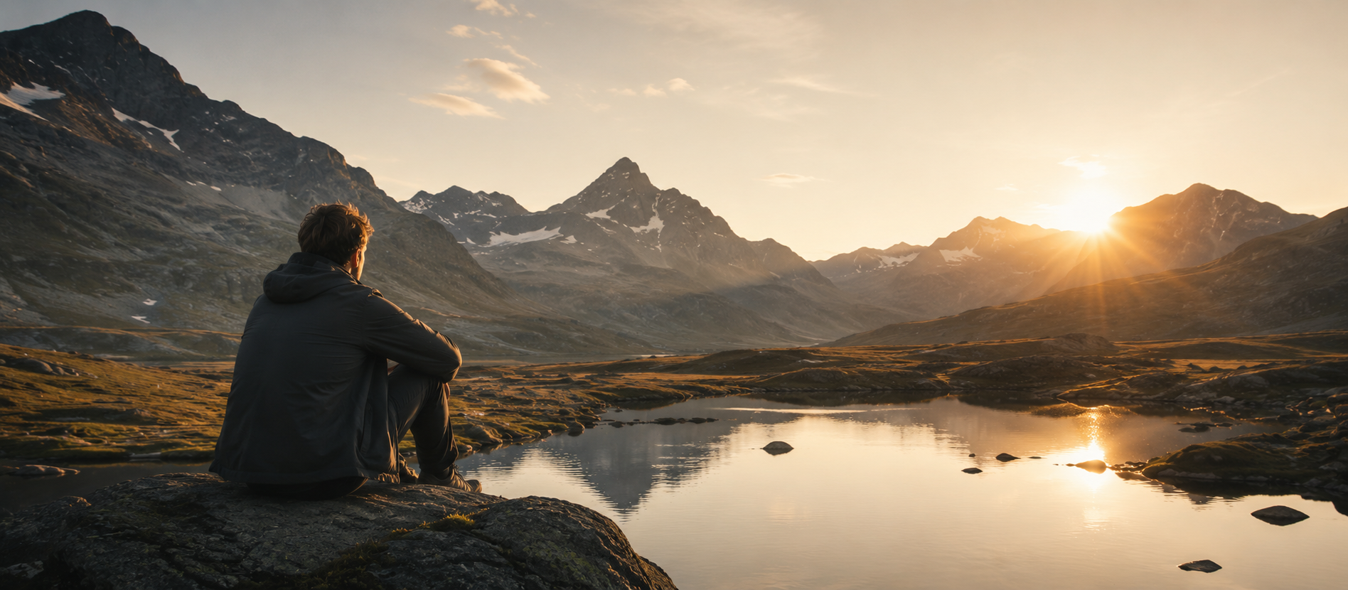 Allein reisender Mann in weiter Berglandschaft am ruhigen See bei Sonnenuntergang, warme natürliche Lichtstimmung, friedliche Atmosphäre zwischen Freiheit und Erdung, minimalistische Outdoor-Szene mit cineastischer Weite und reflektierender Stimmung im hochwertigen Editorial-Stil.