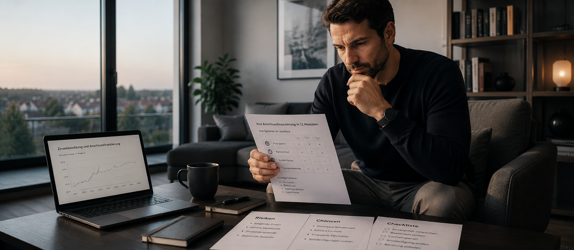 Ein Mann sitzt in einem modernen Wohnraum vor Laptop und Finanzunterlagen und prüft nachdenklich verschiedene Optionen zur Anschlussfinanzierung – ruhige Szene für Zinsrisiken, langfristige Planung und finanzielle Entscheidungen rund um Immobilienkredite.