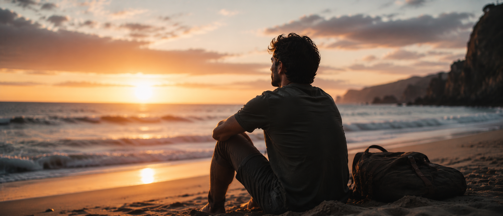 Allein reisender Mann sitzt bei Sonnenuntergang ruhig am leeren Strand und blickt auf das Meer, warme goldene Lichtstimmung, sanfte Wellen und stille Küstenlandschaft erzeugen eine emotionale Atmosphäre zwischen innerer Ruhe, Reflexion und bewusster Auszeit im cineastischen Editorial-Stil.