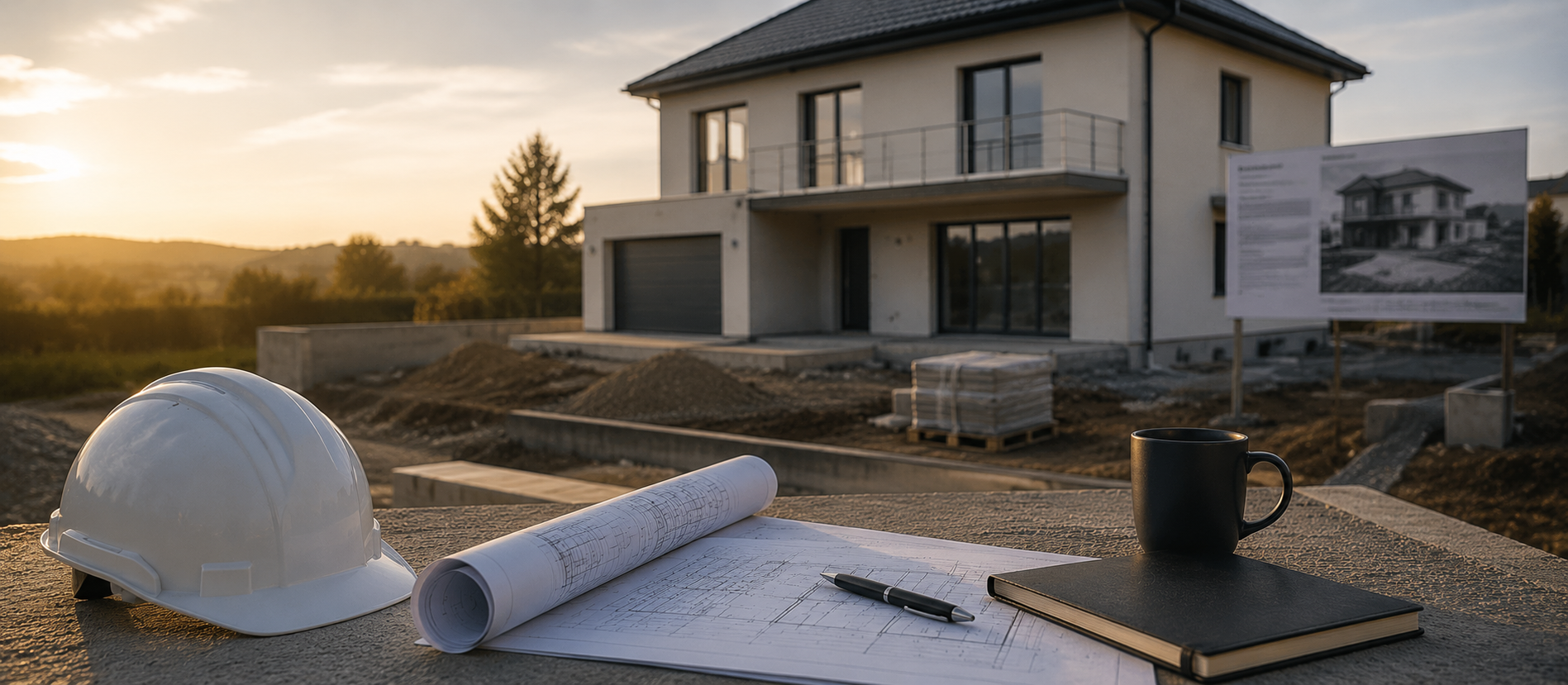 Ein moderner Hausbau bei Sonnenuntergang mit Bauplänen, Schutzhelm und Notizbuch im Vordergrund – ruhige Szene für Baufinanzierung, langfristige Immobilienplanung und finanzielle Entscheidungen rund um den Hausbau.