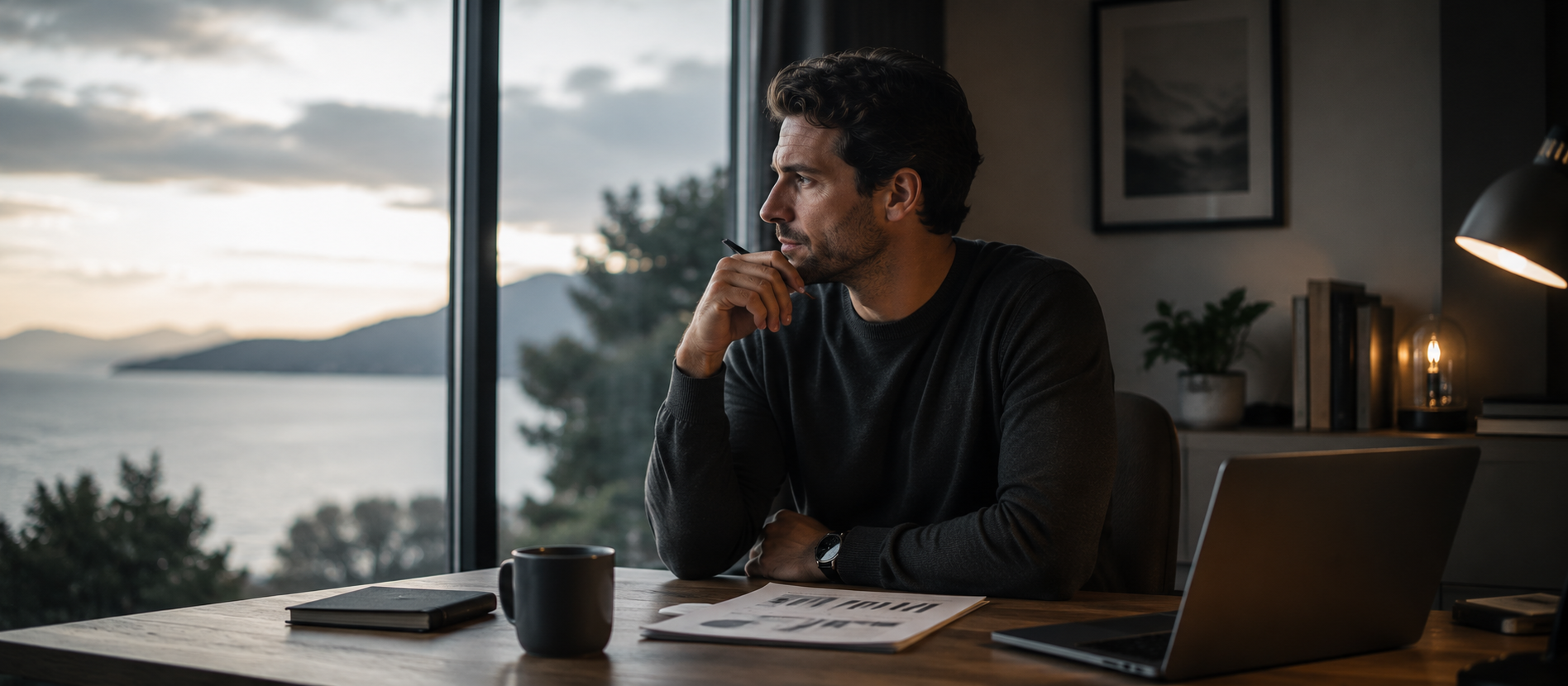 Ein Mann sitzt in einem ruhigen Homeoffice am Fenster und blickt nachdenklich auf die Landschaft – atmosphärische Szene für Verantwortung, finanzielle Absicherung und den Schutz der eigenen Arbeitskraft durch eine Berufsunfähigkeitsversicherung.