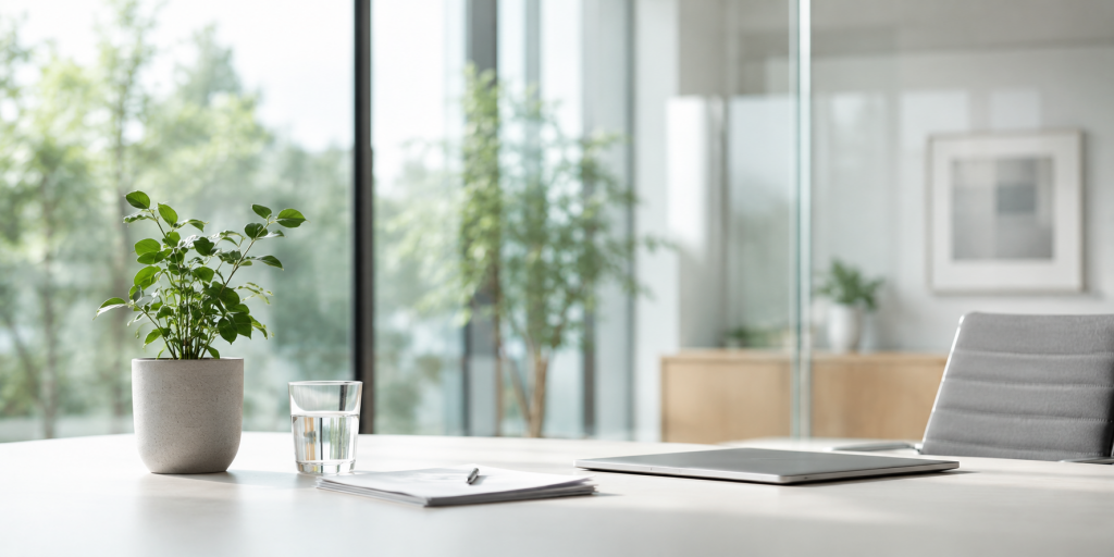 Bonität verbessern vor Kredit – minimalistischer heller Büroraum mit Glaswänden, modernem Schreibtisch, Laptop, Pflanze und ruhiger seriöser Atmosphäre für Finanz- und Kreditberatung