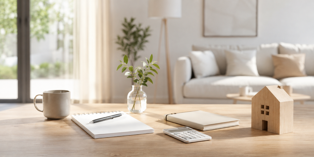 Bonität verbessern vor Kredit – heller minimalistischer Wohn- und Arbeitsbereich mit Holzhaus, Notizbuch, Taschenrechner und ruhiger moderner Atmosphäre für Finanzplanung und Kreditvorbereitung