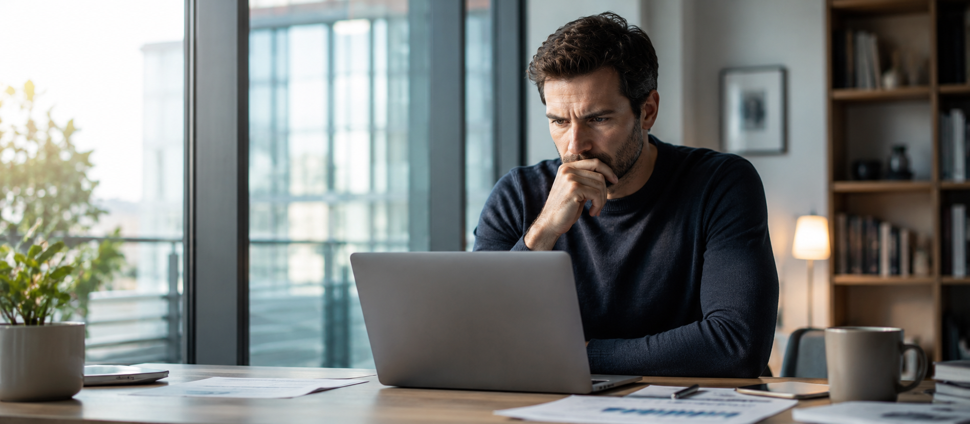 Mann sitzt in einem hellen Büro vor einem Laptop und liest konzentriert Informationen auf dem Bildschirm. Sein nachdenklicher, leicht angespannter Blick vermittelt die Prüfung finanzieller Unterlagen vor einer wichtigen Kreditentscheidung.