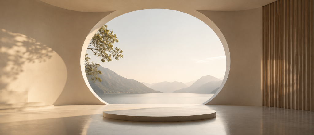 Effektivzins vs Sollzins: Minimalistischer Architekturraum mit runder Öffnung und ruhiger Landschaft – symbolisches Bild für Transparenz, Kreditkosten und finanzielle Entscheidungen beim Vergleich von Zinsen.