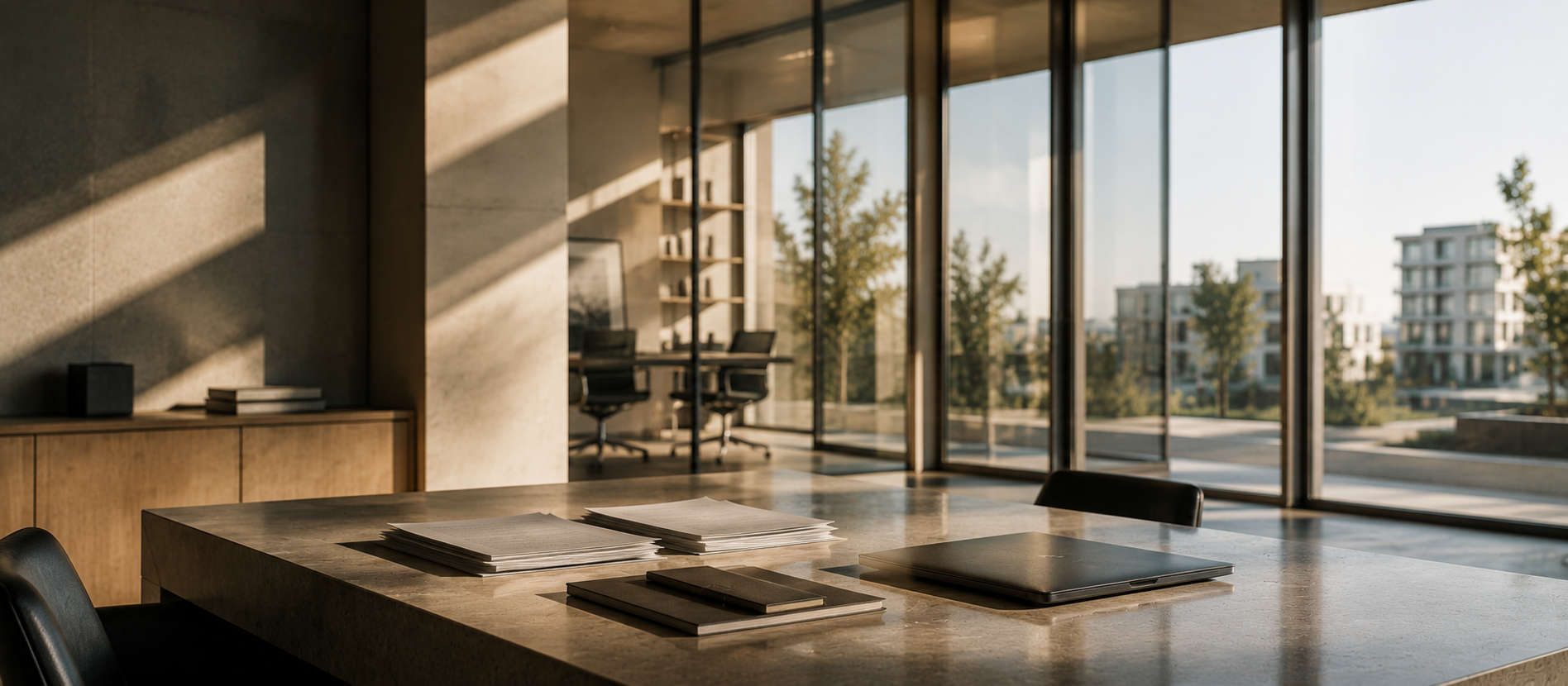 Moderner minimalistischer Businessraum mit großen Glasflächen, Steinoberflächen und geordneten Unterlagen auf Tisch bei warmem Tageslicht – ruhige hochwertige Darstellung zum Thema Bonität verstehen und einordnen sowie finanzielle Übersicht und langfristige Verantwortung.