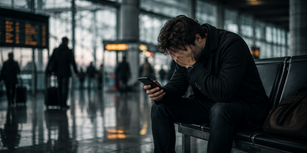 Ein erschöpfter Mann sitzt allein in einem modernen Flughafen-Terminal und blickt überfordert auf sein Smartphone – ruhige Szene über Dating-Erschöpfung, emotionale Belastung und innere Leere.