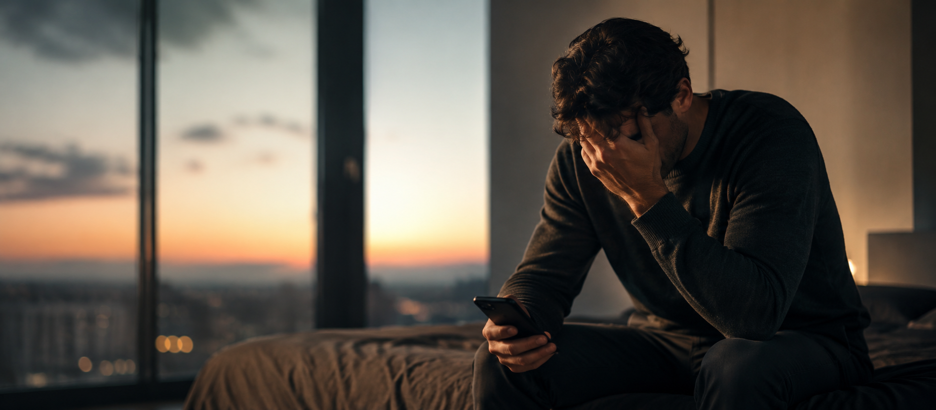 Ein erschöpfter Mann sitzt mit Smartphone auf einem Bett vor großem Fenster bei Sonnenuntergang – ruhige Szene über Dating-Erschöpfung und emotionale Müdigkeit moderner Partnersuche.