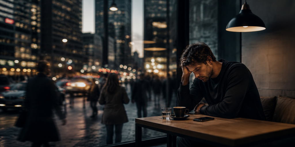 Ein erschöpfter Mann sitzt allein in einem urbanen Café am Abend und blickt nachdenklich auf sein Smartphone – atmosphärische Szene über Dating-Erschöpfung und emotionale Überforderung moderner Partnersuche.