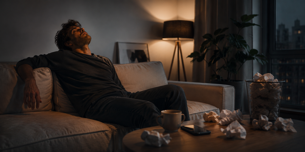 Ein erschöpfter Mann sitzt abends allein auf einem Sofa in einer ruhigen Wohnung – emotionale Szene über Dating-Erschöpfung, mentale Überforderung und moderne Einsamkeit.