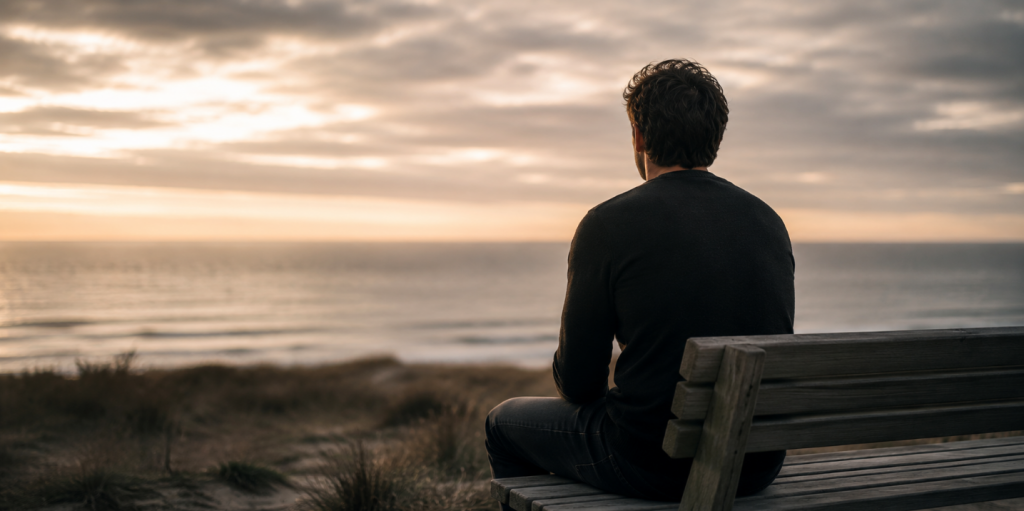 Ein Mann sitzt allein auf einer Bank am Meer und blickt auf den ruhigen Horizont – stille Szene über Dating-Erschöpfung, emotionale Distanz und innere Erschöpfung moderner Partnersuche.