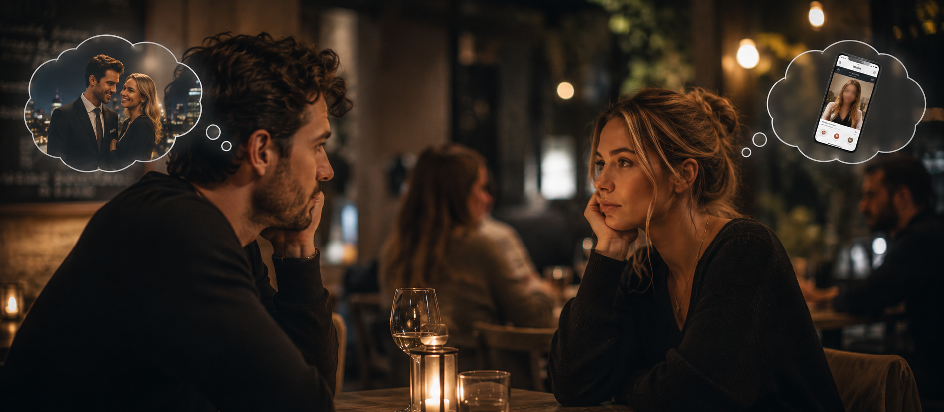 Nachdenkliches Date in ruhigem Restaurant bei warmem Abendlicht: Mann und Frau sitzen sich emotional distanziert gegenüber, während gedankliche Erwartungen und digitale Datingvorstellungen sichtbar werden, cineastische Szene über moderne Beziehungen, Realität und Missverständnisse im hochwertigen Editorial-Stil.