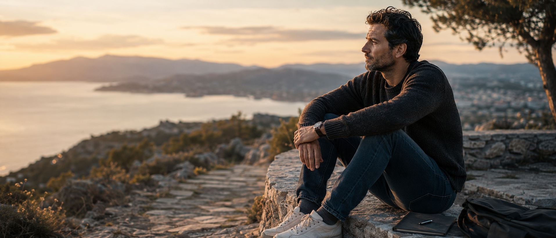 Reflektierter Mann über 30 sitzt bei warmem Sonnenuntergang auf steinerner Küstenmauer mit weitem Blick über Meer und Landschaft, ruhige cineastische Szene über moderne Partnersuche, emotionale Reife und die Suche nach echter Verbindung jenseits von Druck und Selbstoptimierung im hochwertigen Editorial-Stil.