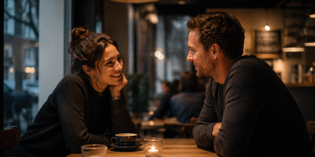 Zwei Menschen im ruhigen Café bei einem persönlichen Gespräch – natürliche Nähe und echte Verbindung statt perfekter Selbstdarstellung beim modernen Dating.