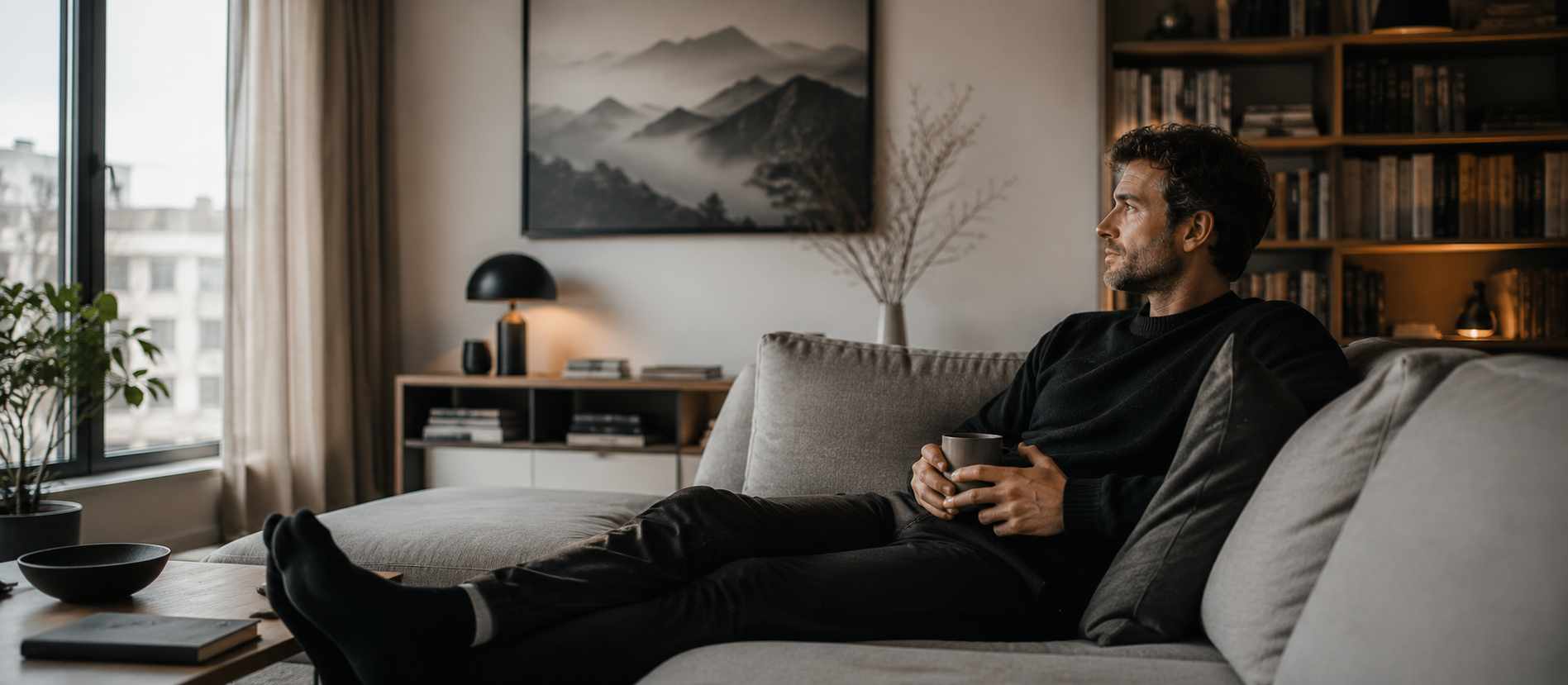 Mann sitzt entspannt allein auf modernem Sofa in ruhigem, warm beleuchtetem Wohnraum und blickt nachdenklich aus dem Fenster, minimalistische Szene mit Büchern, Pflanzen und natürlichem Licht über bewusste Datingpause, innere Ruhe und unterschiedliche Lebensphasen im hochwertigen Editorial-Stil.