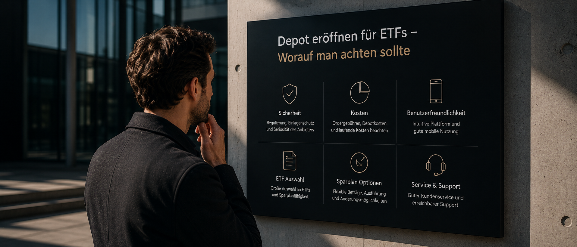 Ein Mann betrachtet in moderner Architektur eine strukturierte Übersicht zur ETF-Depoteröffnung – ruhige Szene für Kosten, Sicherheit, Benutzerfreundlichkeit und die Auswahl eines passenden Brokers für langfristiges Investieren.