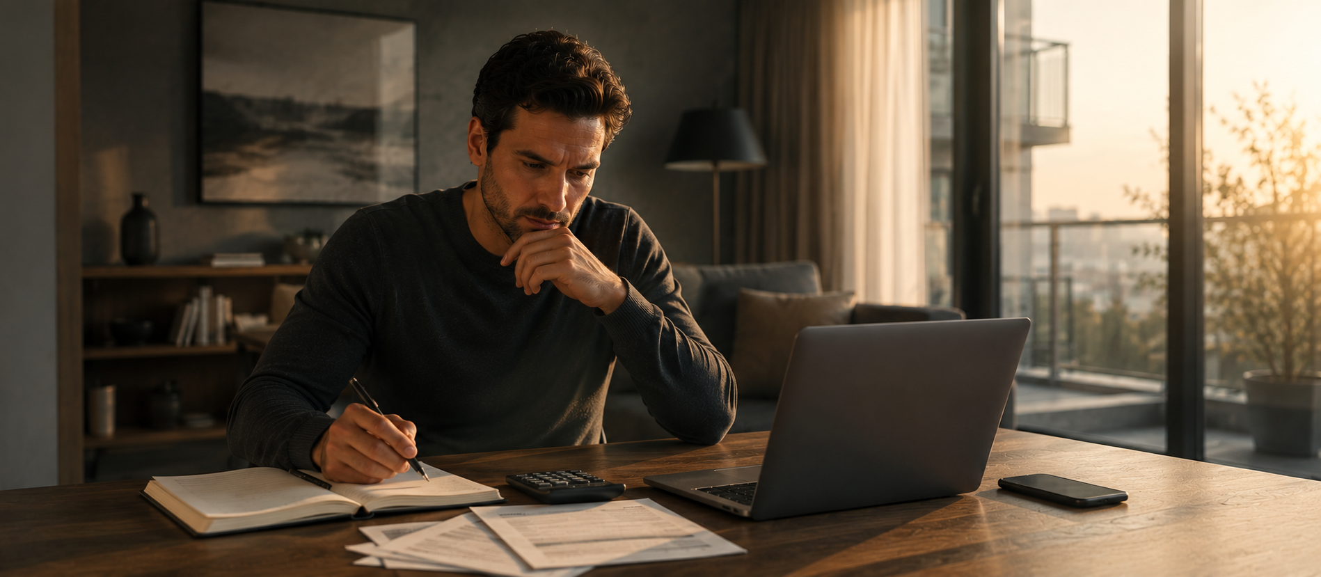 Nachdenklicher Mann sitzt in modernem Wohnraum mit Laptop, Unterlagen und Taschenrechner bei warmem Abendlicht – ruhige atmosphärische Darstellung zum Thema Dispo vermeiden, finanzielle Kontrolle und bessere Alternativen im Alltag.