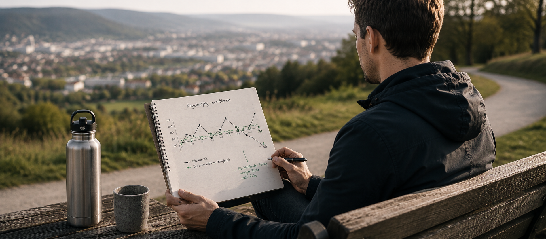 Ein Mann sitzt auf einer Bank mit Blick über eine ruhige Landschaft und betrachtet eine handgezeichnete Entwicklungskurve in seinem Notizbuch – atmosphärische Szene für den Durchschnittskosteneffekt und regelmäßiges langfristiges Investieren trotz Schwankungen.