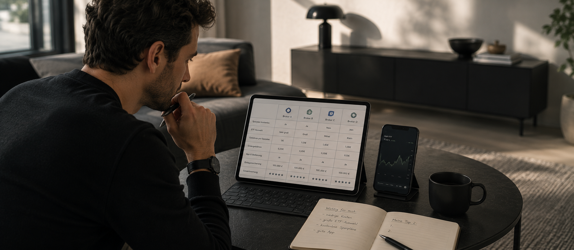 Ein Mann vergleicht in einem modernen Wohnzimmer auf Tablet und Smartphone verschiedene ETF-Sparplan-Anbieter – ruhige Szene für Brokerwahl, Kostenvergleich und die Suche nach einer langfristig sinnvollen Investmentplattform.