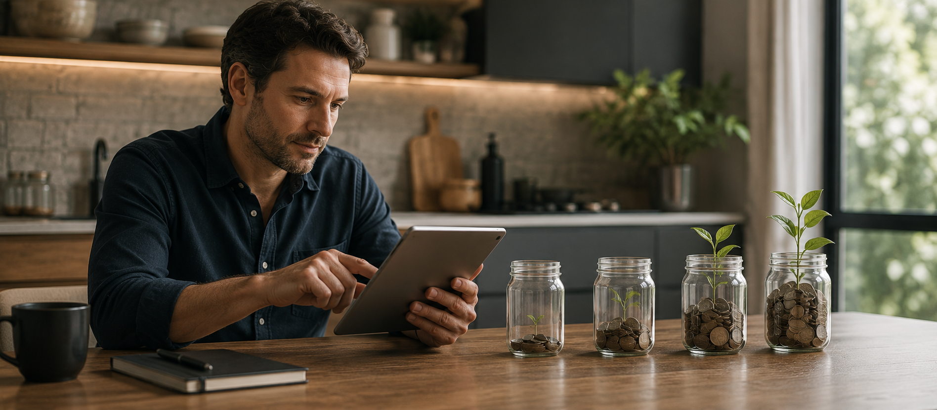 Ein Mann richtet an einem modernen Holztisch auf einem Tablet einen ETF-Sparplan ein, während neben ihm Glasgefäße mit wachsenden Pflanzen und Münzen langfristigen Vermögensaufbau symbolisieren – ruhige Editorial-Szene für strukturiertes Investieren mit kleinen Beträgen.