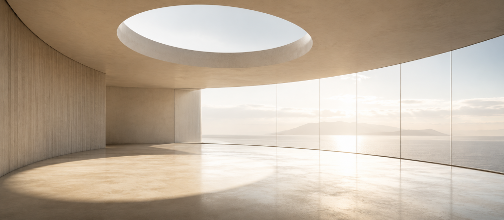 Minimalistischer Architekturraum mit Glasfront, Lichtöffnung und weiter Aussicht – symbolisches Bild für finanzielle Bewertung, Transparenz und Unsicherheit bei Kreditentscheidungen.
