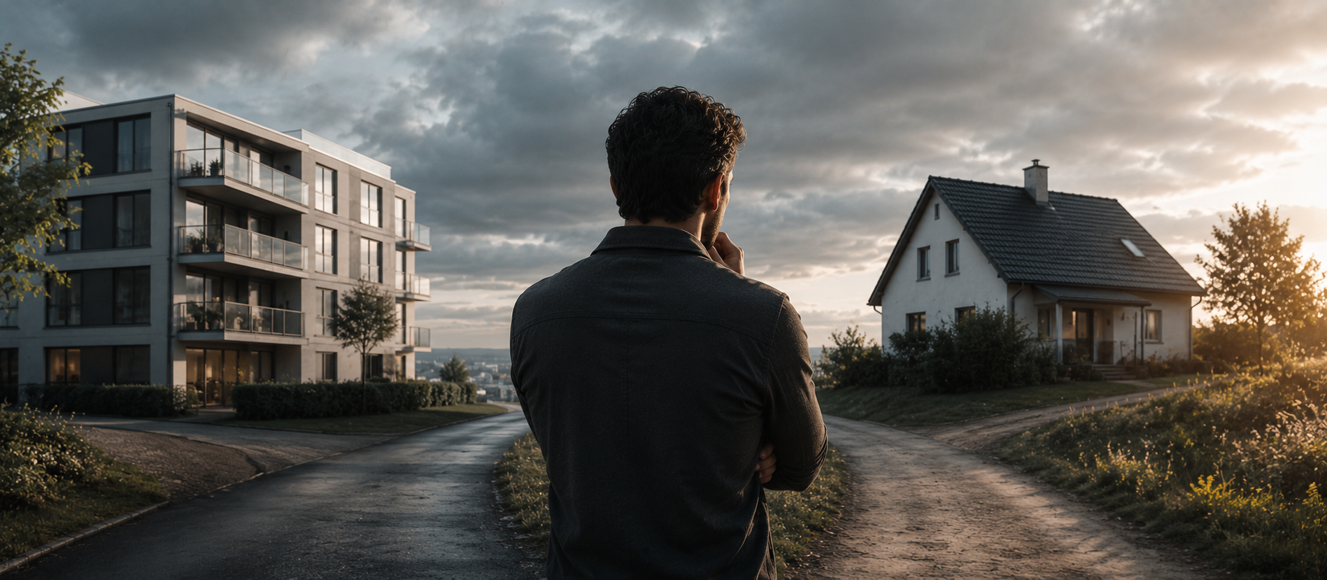 Ein Mann steht an einer Weggabelung zwischen einem modernen Mehrfamilienhaus und einem Einfamilienhaus im Abendlicht – symbolische Szene für die finanzielle Entscheidung zwischen Mieten und Eigenheim.